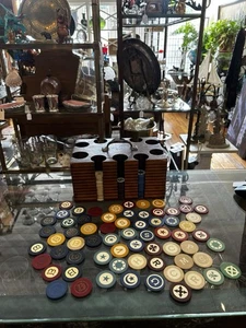 Vintage CLAY Poker Chip Set Holz Caddy Träger Koffer KRONENCHIPS - Bild 1 von 13