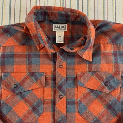 LL Bean Shirt Mens Medium Orange Gray Plaid Snap Front Flannel Casual Outdoors - Image 1 of 4