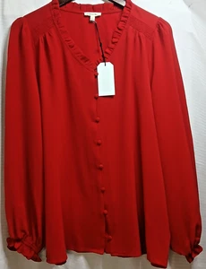 Cotton Bleu Red Ruffle Button Front Blouse L NWT Long Sleeve Polyester Top - Picture 1 of 15