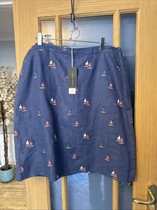 Laura Ashley A-Line Skirt 16 Navy Blue Boat Print 100% Linen Pocket New Tags £60 - Picture 1 of 9