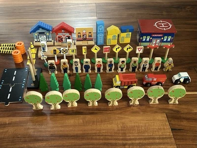 Preowned Wooden Compatible Train Village People,Trucks,Trees, & Road/Train Signs - Image 1 of 3