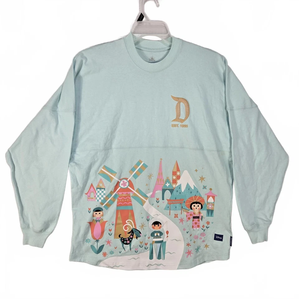 Disney Parks It's a Small World Spirit Jersey Small Blue Long Sleeve Puff Print - Image 1 of 4