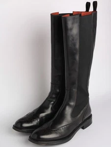 Santoni Leather Black Hi High Knee Boots Shoes Brogue Ankle - Picture 1 of 21