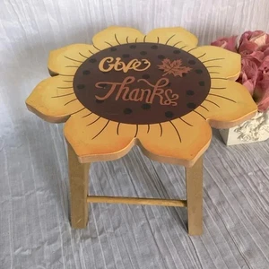 SUNFLOWER themed Fall Halloween Thanksgiving small wood stool Give Thanks - Picture 1 of 7