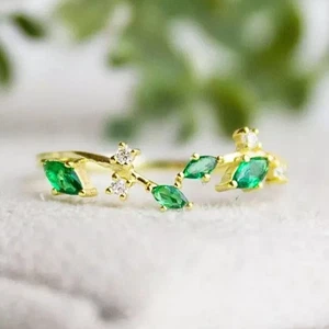 Anillo de boda marquesa simulado de diamantes esmeralda verde enchapado en oro amarillo de 14 k - Imagen 1 de 6