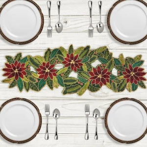 Lightnpro Poinsettia Beaded Table Runner - Festive 13" × 36" Holiday Decor in... - Foto 1 di 9