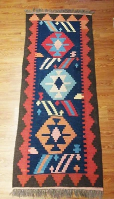 Southwestern Flat Weave Kilim Style Woven Rug 31x76 Reverse Geometric Wall Hang - Image 1 of 4