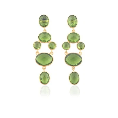 Checker Cut Peridot Quartz Brass Gold Plated Collet Setting Stud Dangle Earrings - Image 1 of 3