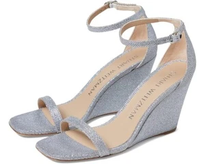 STUART WEITZMAN NUDISTCURVE 85 WEDGE HEELS Women's 7.5 B SILVER STRAPPY SANDALS - Picture 1 of 15