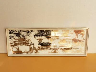 Bandeja rectangular vintage HARMAN reno ciervo buck oro Navidad Toile Foto 1 de 4