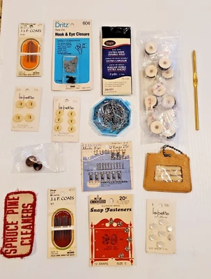 Lot Of Misc Sewing Supplies Needles Pins Thread Buttons Hooks Eyes Black Tape - Image 1 of 4