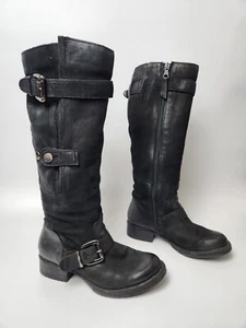 MJUS Black Leather Boots Mid Calf Womens Size 5.5 Motorcycle Boots Winter Boots - Picture 1 of 13