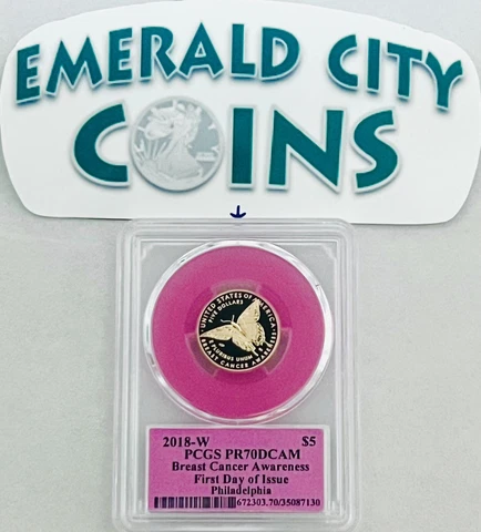 2018-W $5 GOLD BREAST CANCER AWARENESS PCGS PR70DCAM T.CLEVELAND SIGNED POP-24 Cover