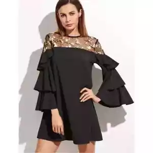 Black Shift Dress Sz 4 Mesh Embroidered Floral Ruffled Sleeves Whimsigoth Fairy - Picture 1 of 11