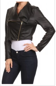 BLACK CROPPED PVC MOTORCYCLE JACKET SIZE L - Picture 1 of 2