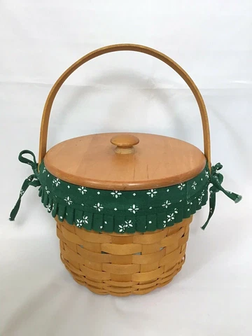 Longaberger Basket With Handle Wood Lid Green Fabric Liner Round 8” x 7" Signed Cover