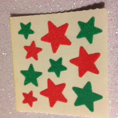 SANDYLION RED GREEN FUZZY CHRISTMAS STARS STICKERS *1* SQ/10 STICKERS FUZZY STAR — 第 1/2 张图片