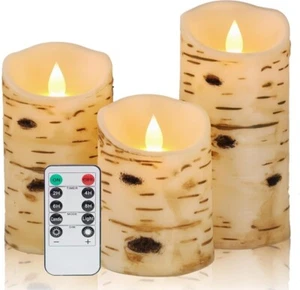 Luminara Flameless Battery Operated Pillar Candles Real Birch Bark LED Light 3PC - Picture 1 of 16