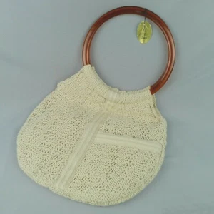 1970s Goldco Handbag Purse BoHo Cream Knit With Round Plastic Handles NOS - Picture 1 of 9