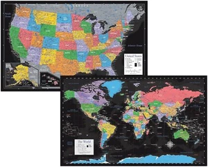 2 Pack - Laminated World Map & US Map Poster Set - Wall Chart Map of the World & - Picture 1 of 3