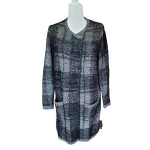 J. Jill Black Gray Checkered Academia Fuzzy Longline Cardigan Sweater Sz M - Picture 1 of 11