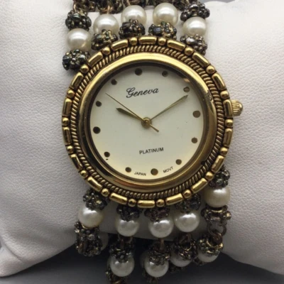 Reloj Geneva Mujer Platino 37mm Tono Oro Imitación Perla Cuentas Batería Nueva 6.5" Foto 1 de 4