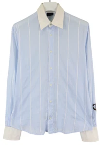 JUST CAVALLI Shirt Men's XL Pinstripe Blue Spread Collar Button Up Logo - Picture 1 of 12