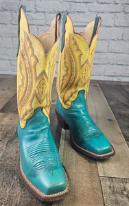 Justin Yellow/Teal Leather Square Toe Western Boots, Women’s 5.5 B Style L2672 - Picture 1 of 14