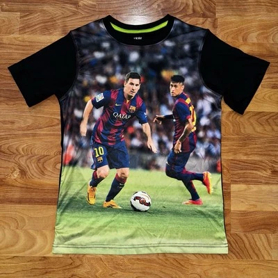 Lionel Messi 黑色 T 恤 FCB 巴塞罗那青少年尺寸 L 全正面印花 — 第 1/4 张图片