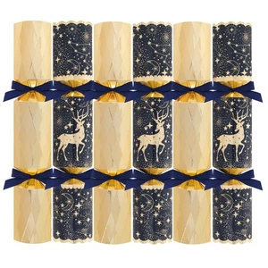 Deluxe Christmas Crackers Navy Gold Rentier 6er Pack Weihnachten Abendessen Mütze Geschenk - Bild 1 von 9