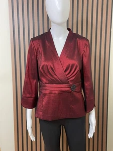 Alex Evenings Women's LP Red Blouse Polyester Top Metallic Taffeta Jewel Brooch - Picture 1 of 9