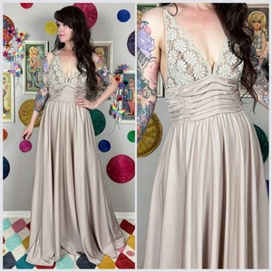 Vintage 1970s Taupe Illusion Floral Lace Strappy Backless Gown | 28" Waist - Picture 1 of 7