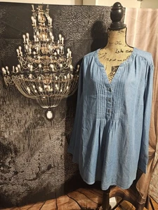 CROFT & BARROW, DAMEN NEUE BLAUE LYOCELL LANGARM BLUSE IN JEANSOPTIK, GR. 3X - Bild 1 von 9