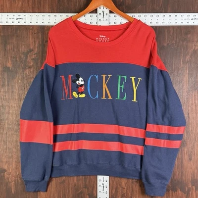 Disney Mickey Mouse Classic Pose Striped Panel Crewneck Sweatshirt Y2K Adult XL - Image 1 of 4