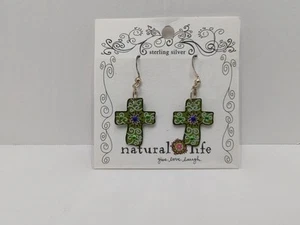 Natural Life Wood & Metal Beaded Cross Dangle French Hook Earrings 1.5" BOHO VTG - Picture 1 of 10