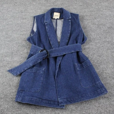 Sezane Jacket Small Antonina Vest Denim Blazer Belted Sleeveless Waistcoat Blue - Image 1 of 4