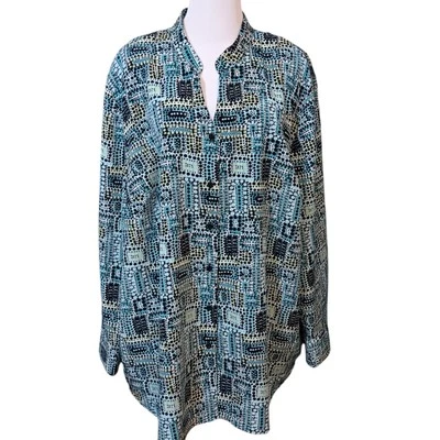 VINTAGE MAGGIE BARNES Blouse Top Long Size 3X No Wrinkle Satin Poly Geometric - Image 1 of 4
