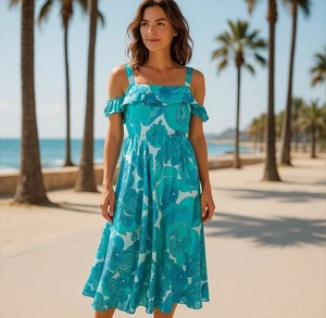 Bandolino Maxi Dress Womens 16 Teal Floral Tropical Boho Vacation Maxi New - Picture 1 of 12