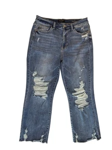 Judy Blue Cropped Jeans Straight Fit Women's Size 31 Denim Distressed Blue - Picture 1 of 8