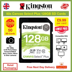 50x Kingston Canvas Select Plus 128GB SD Memory Card, SDS2/128GB Wholesale - Picture 1 of 5