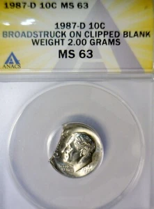 1987d ERROR ANACS MS64 Off Center + CLIPPED Roosevelt Dime CH BU Coin O/C Clip - Picture 1 of 7