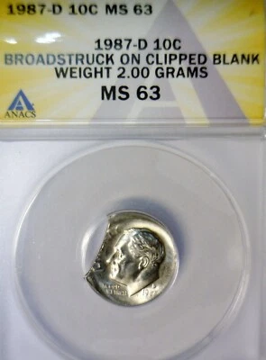 1987d ERROR ANACS MS64 Off Center + CLIPPED Roosevelt Dime CH BU Coin O/C Clip - Image 1 of 4
