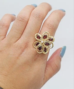 GRANAT & DIAMANT BLUME COCKTAILRING IN 14K GELBGOLD 6,5US - Bild 1 von 4