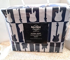 Guitar Themed Queen Set Bed Sheet Set NIB Navy and White - Picture 1 of 8