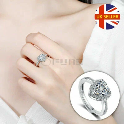 Classic 14K White Gold On Silver Zircon Heart Shaped Adjustable Engagement Ring - Image 1 of 4