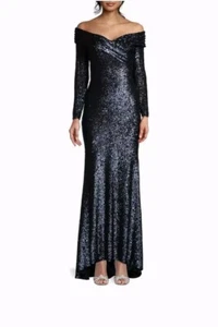 Donna Karan New York Social Signature Off Shoulder Sequin Gown Women's 16 Navy - Picture 1 of 9