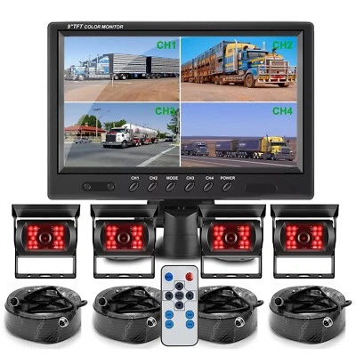 9" REAR BACK UP CAMERA SYSTEM FOR BUS TRUCK RV AG QUAD SPLIT MONITOR SCREEN KIT - Image 1 of 4
