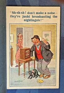 XL Donald McGill Comic Postcard 1930s Wireless Radio Black Cat Drunk NIGHTINGALE - Bild 1 von 2