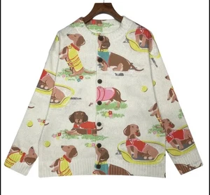 NEW ladies DACHSHUND print size 16 / XL cream CARDIGAN sausage dog stunning - Picture 1 of 7