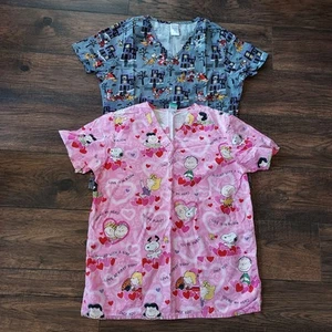 Pair Micky Mouse Halloween Snoopy Valentines Day Scrub Tops Sz M - Picture 1 of 8